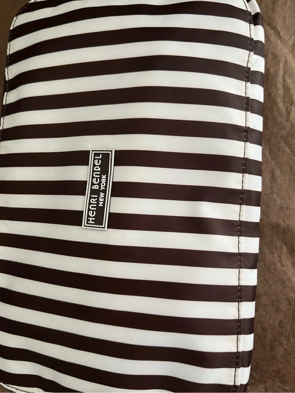 Henri Bendel Brown and White Striped packable backpack, lightweight, zip around